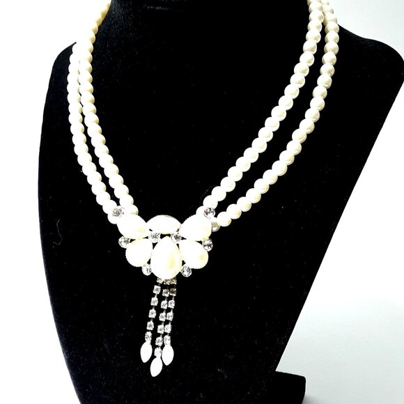 Pearl Rhinestones Necklace Choker Pendant Faux White Prong Set Wedding Prom - Picture 2 of 6